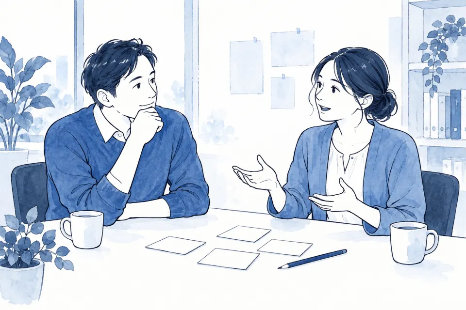 業務上の困り事について、一方が話し、もう一方がカードを前に耳を傾ける同僚たち。架空の業務場面のイメージ。