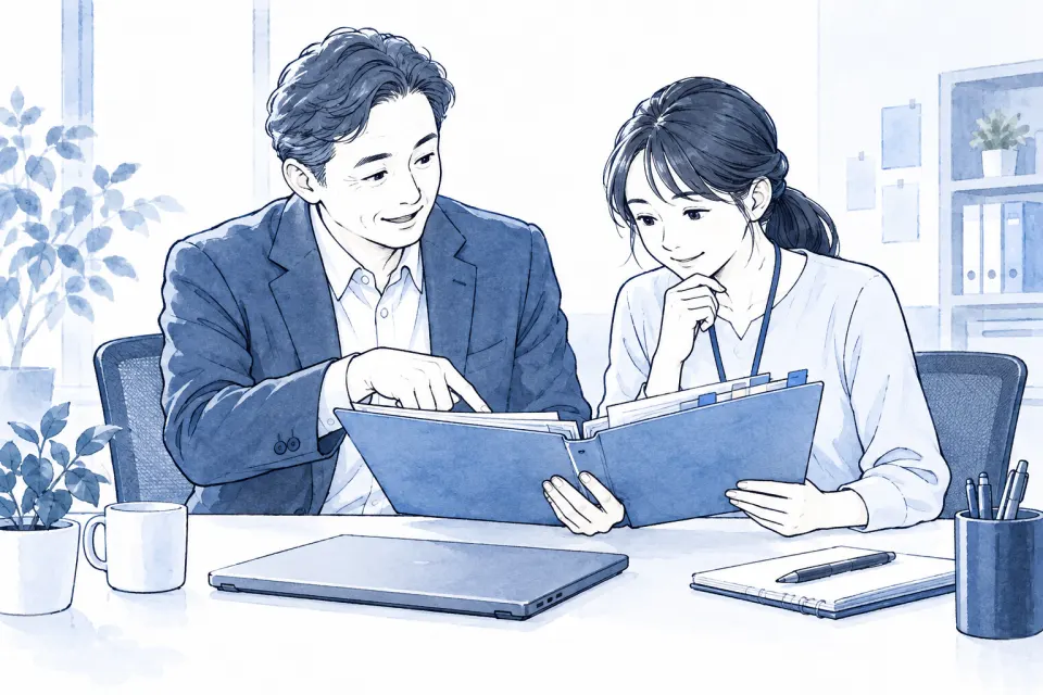 資料の同じページを見ながら、手順と背景を説明して引き継ぐ同僚たち。架空の業務場面のイメージ。